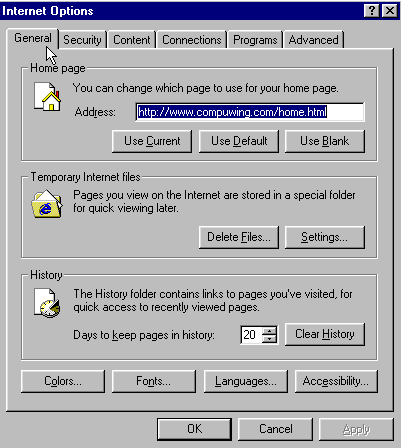 Internet Explorer Options Window