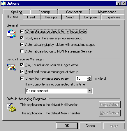 Picture of Outlook Express's option window